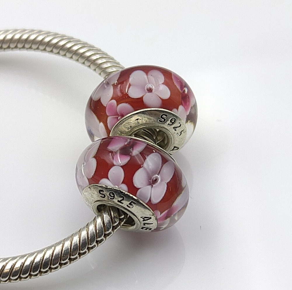2pcs Authentic 925 Sterling Silver Pink Floral Murano Glass Charm European Bead