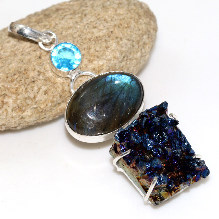 925 Silver Plated Fiery Labradorite Titanium Druzy Long Pendant 2.7
