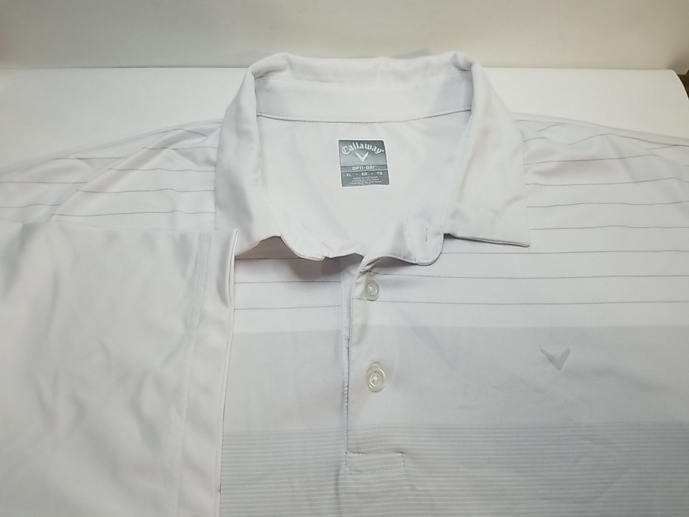 Callaway Opti Dri Golf Polo Mens Shirt XL White Gray Striped Short Sleeve Logo