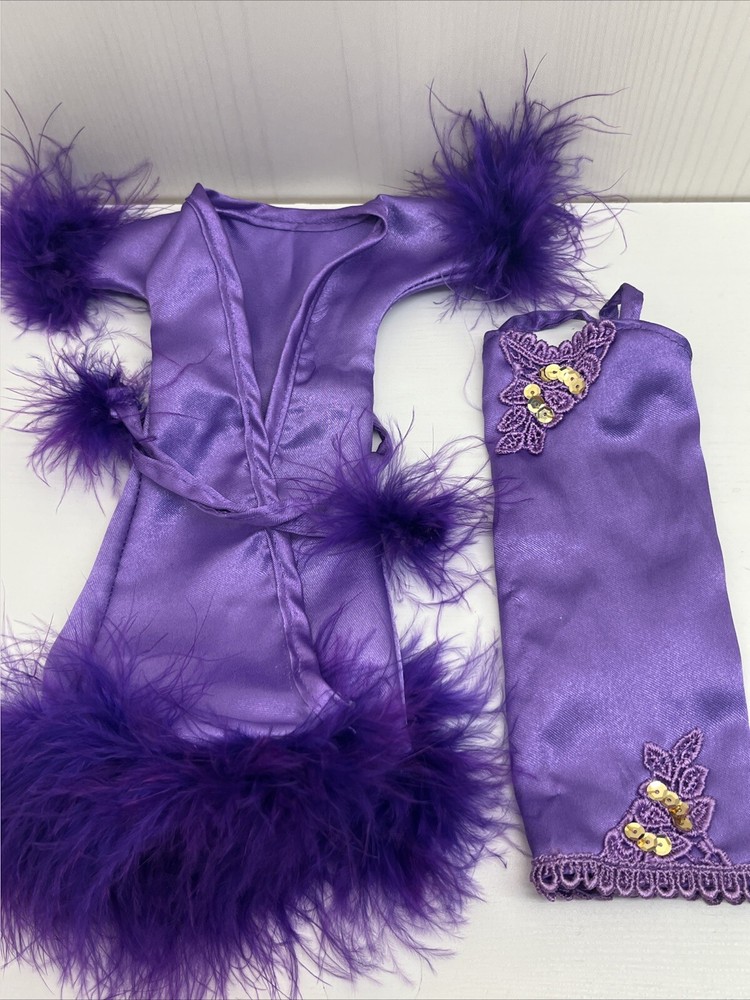 Vintage Fashion Doll Robe & Nightgown Purple Feather trim 1990s OUTFIT ONLY