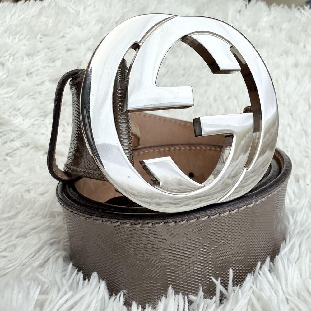 GUCCI GG Logo Buckle Belt in Leather Champagne Gold Silver Authentic Made in Italy