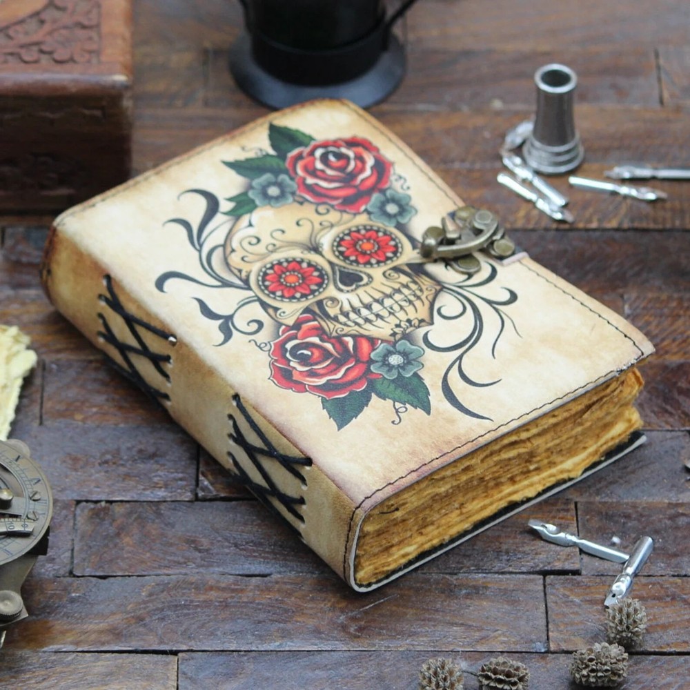 Skull printed leather journal with first color photo personalization