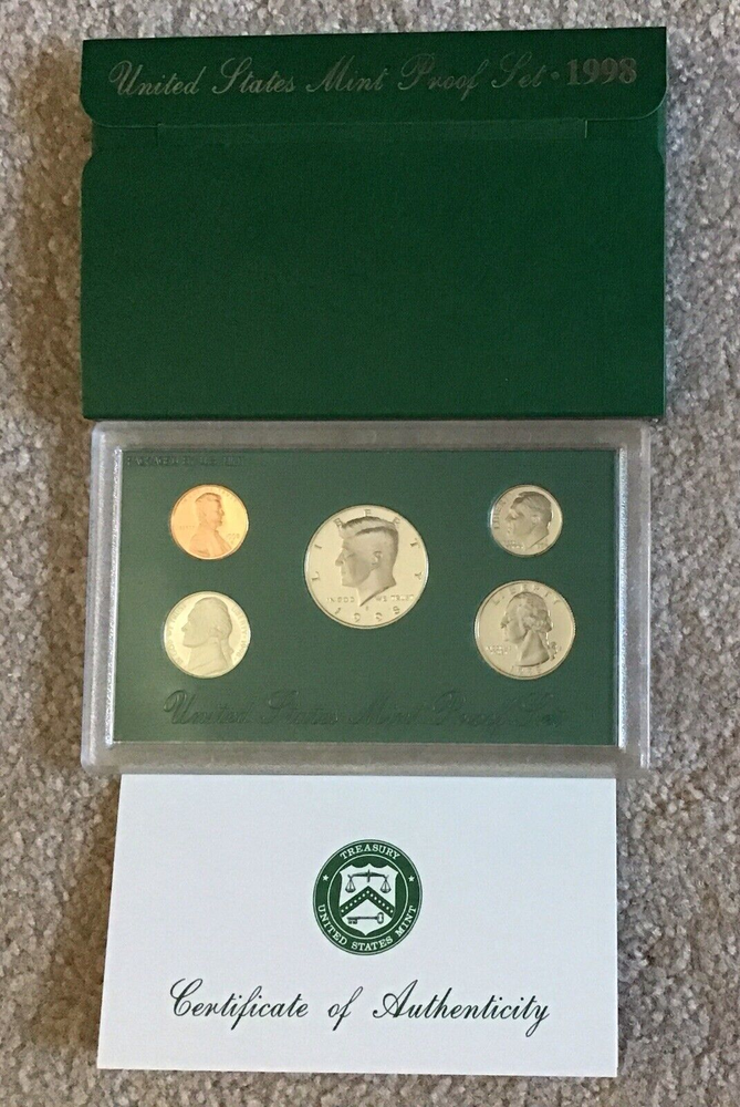 1998 S Proof Set Original Green Box & COA 5 Coins Clad ~ Excellent