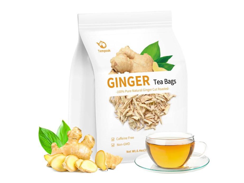 100% Pure Natural Roasted Ginger Tea Bags - 60 Bags, 6.4 Oz, Caffeine-Free Digestive Health Aid
