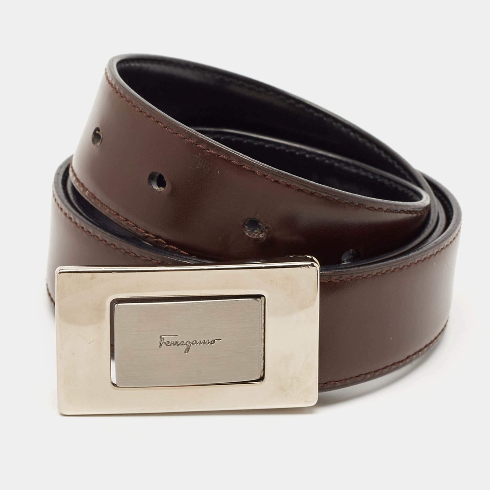Salvatore Ferragamo BrownBlack Leather Logo Cut to Size Reversible Belt