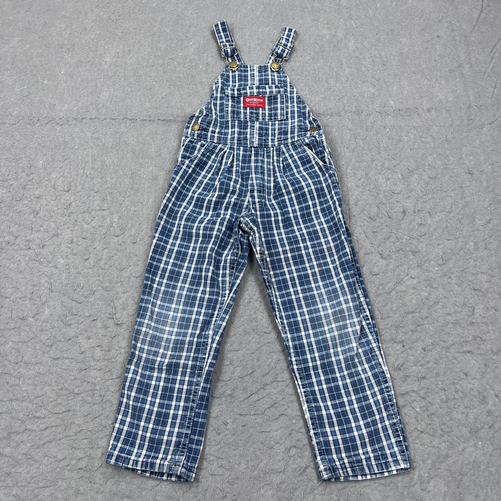 VTG Osh Kosh Bigosh Overalls Youth 4T Toddler Blue Plaid Vestbak Old Made In USA
