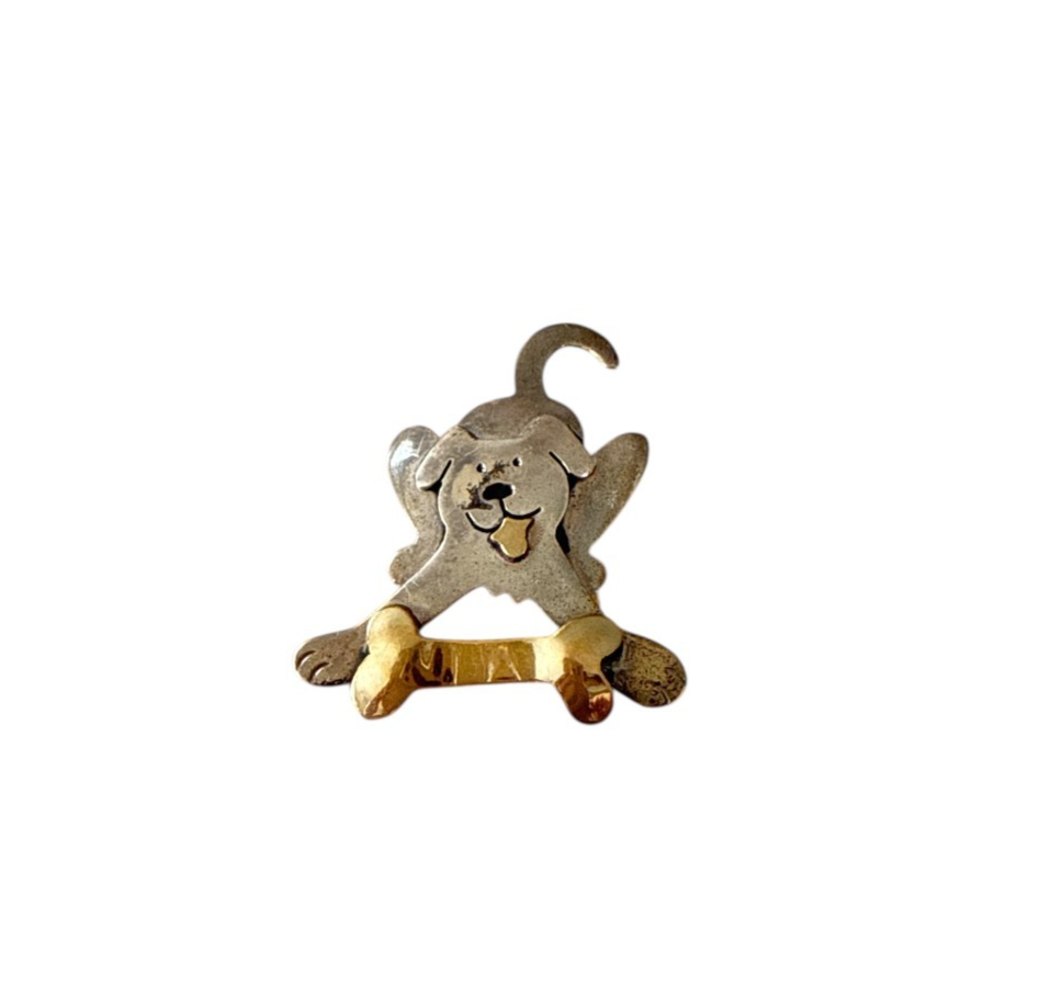 925 Sterling Silver Vintage Brooch Pin FAR FETCHED Dog Chasing Bone