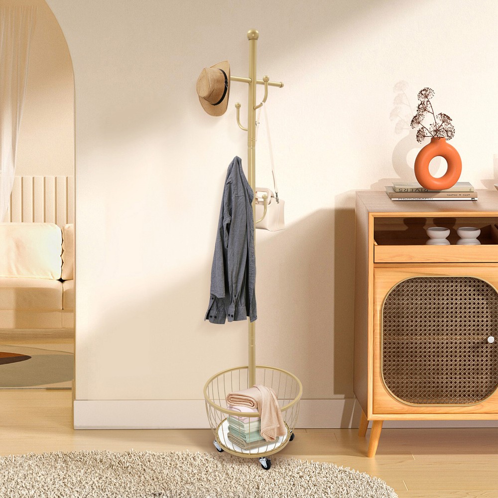 6-Hook Coat Rack with Storage Basket for Hats Bags Clothes