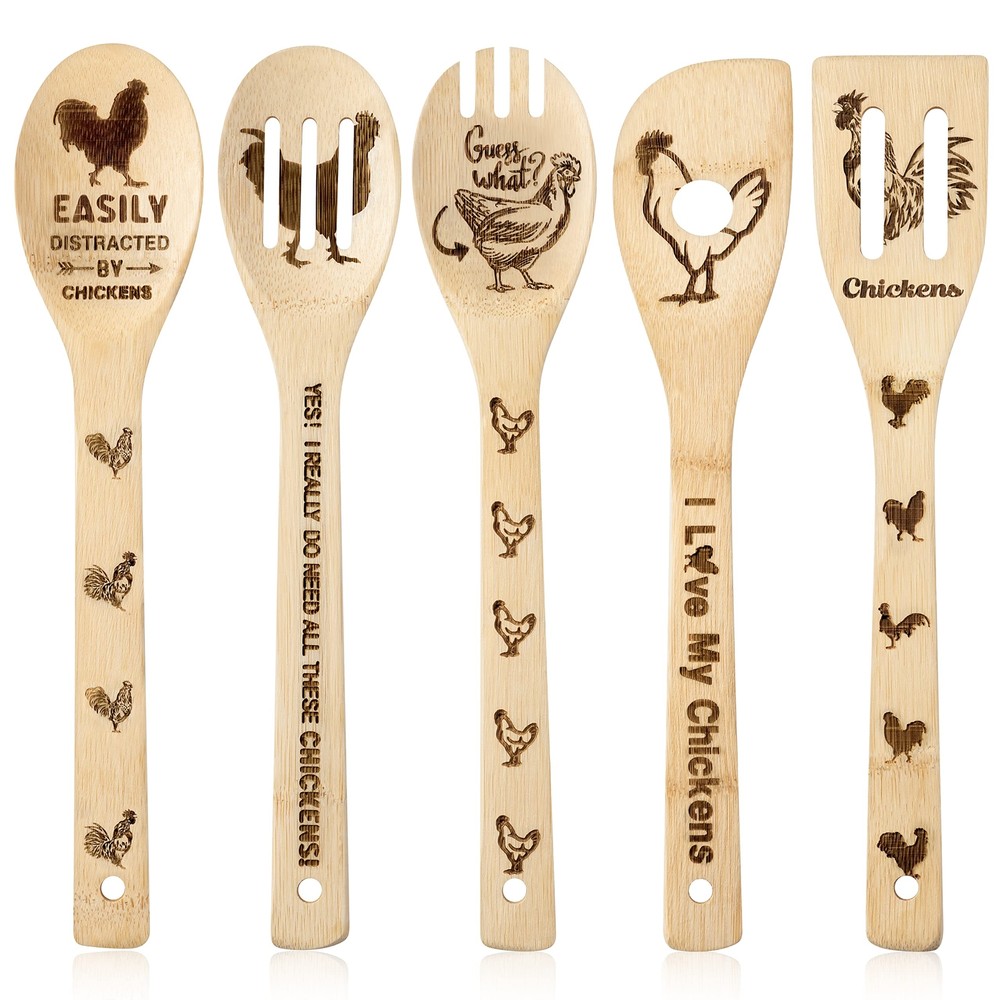 5Pcs Rooster Chicken Wooden Spoons Utensils Set, Non-Stick Cooking Utensils C...