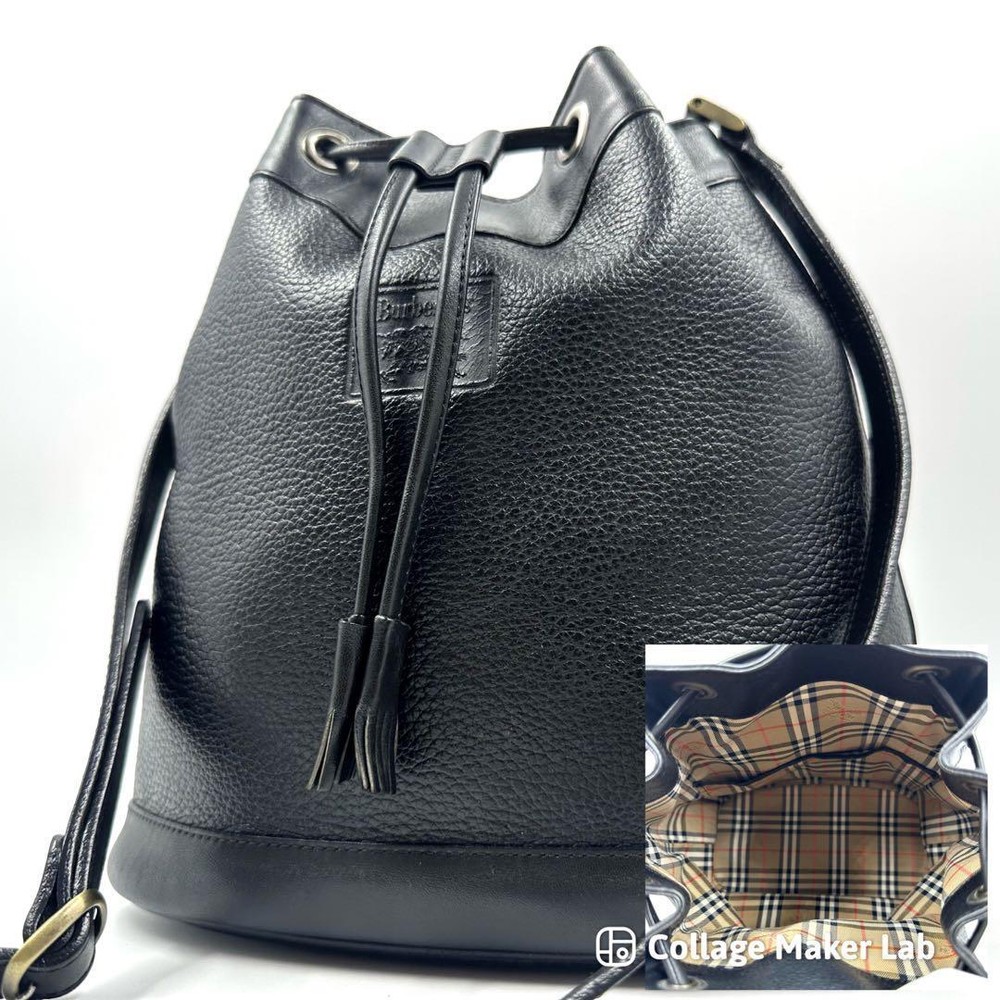 Burberry Nova Check Drawstring Shoulder Bag Leather Horse Logo Black
