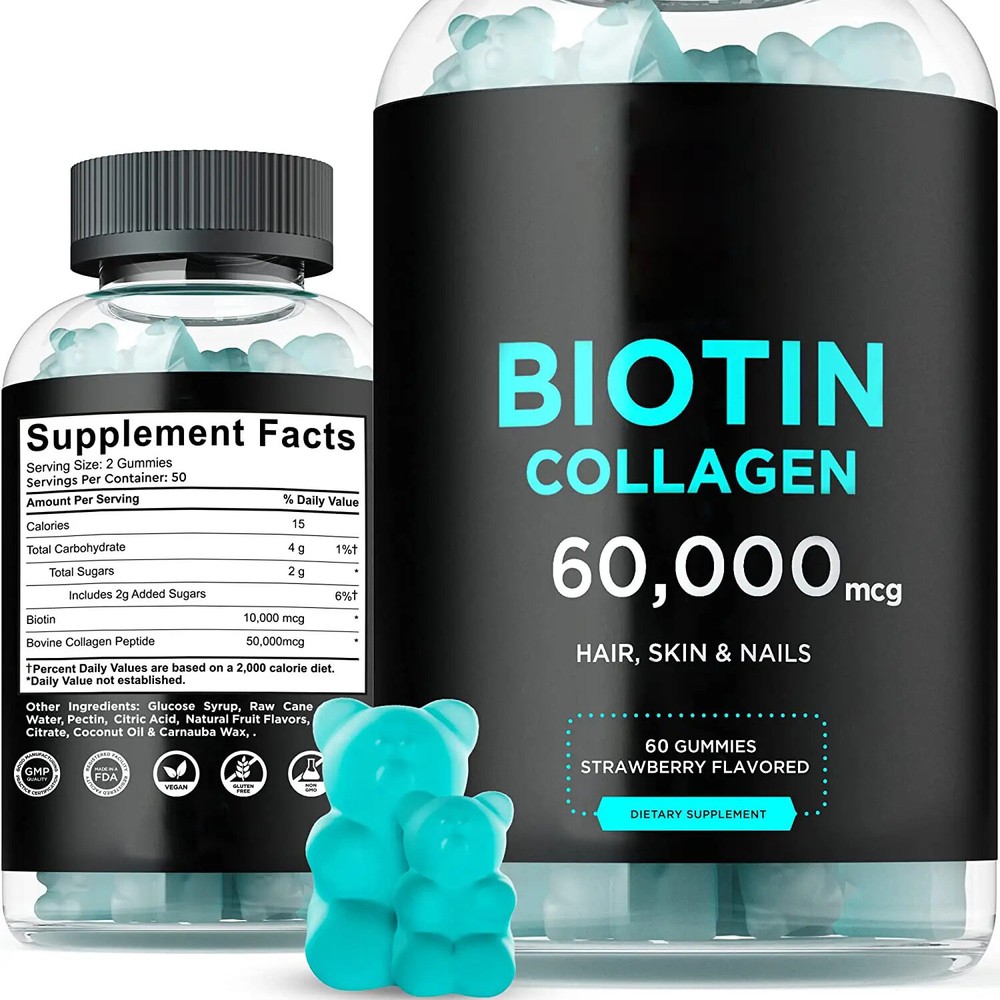 Biotin Collagen Gummies High Strength 60,000 mcg Hair Skin and Nails Vegan 60