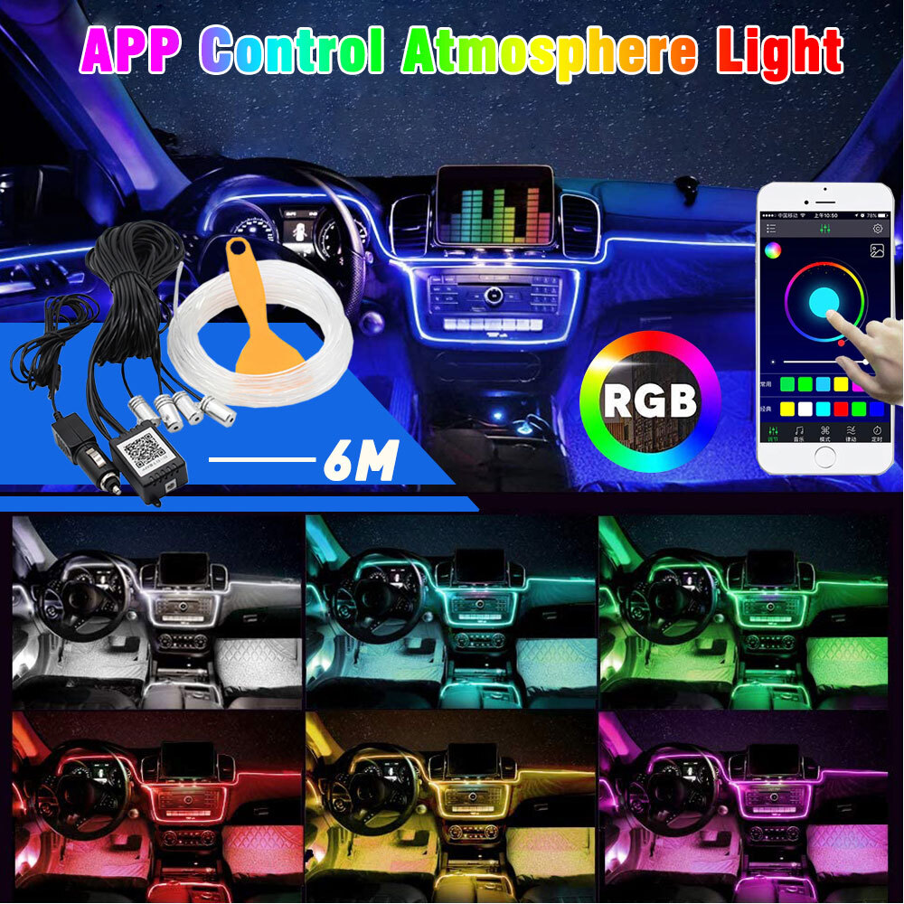 6M LED RGB Car Interior Atmosphere Light Strip APP Music Control Lamp Bluetooth