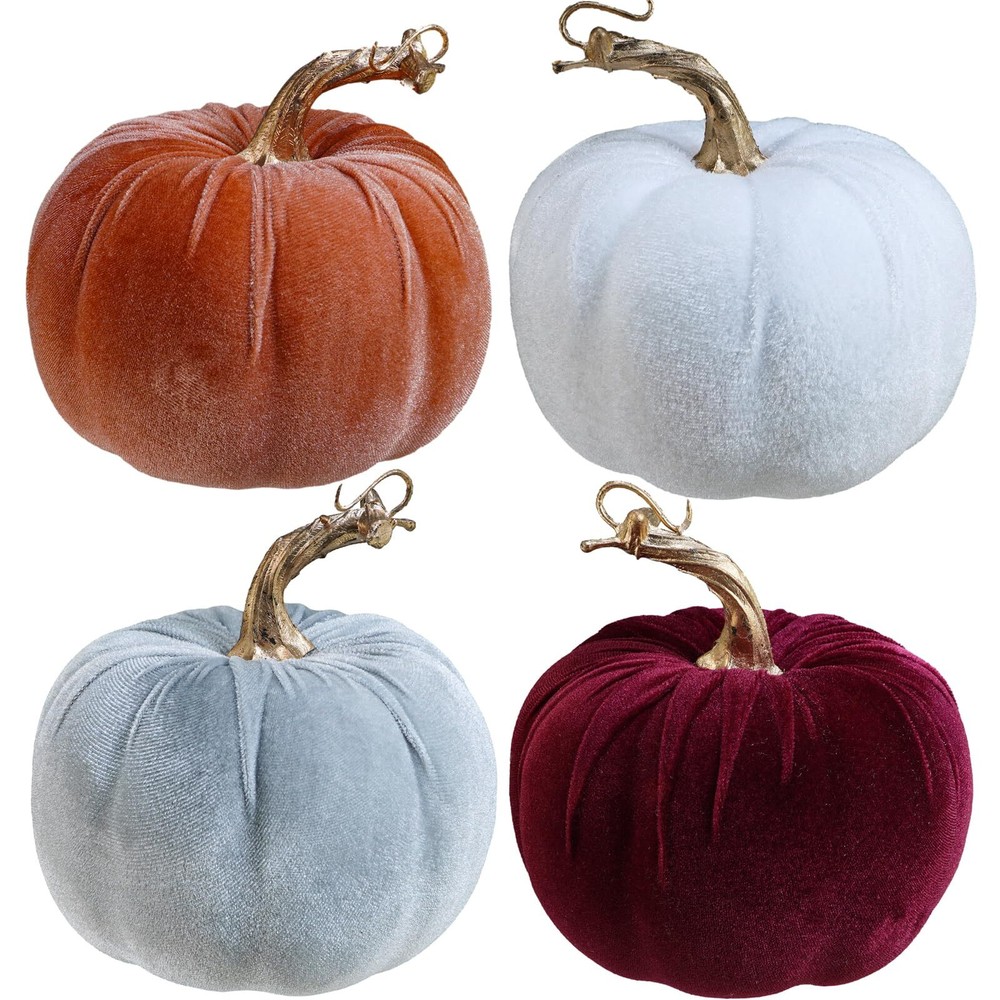 Set of 4 Fall Velvet Artificial Pumpkins with Gold Stems Decorative Fabric Pu...