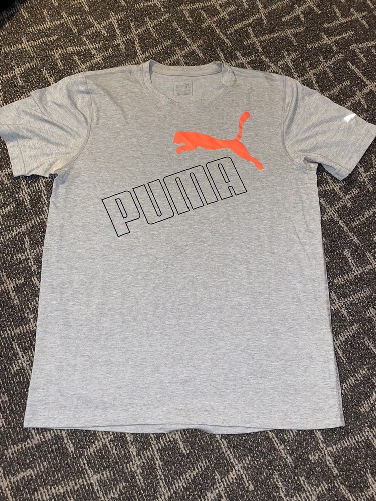 Mens Large Puma T-Shirt Tee Logo Shirt Grey Athletic Shirt Sleeve