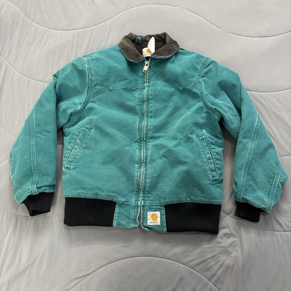 Vintage 90s Carhartt Santa Fe Quilt-Lined Teal Canvas Jacket Size Small