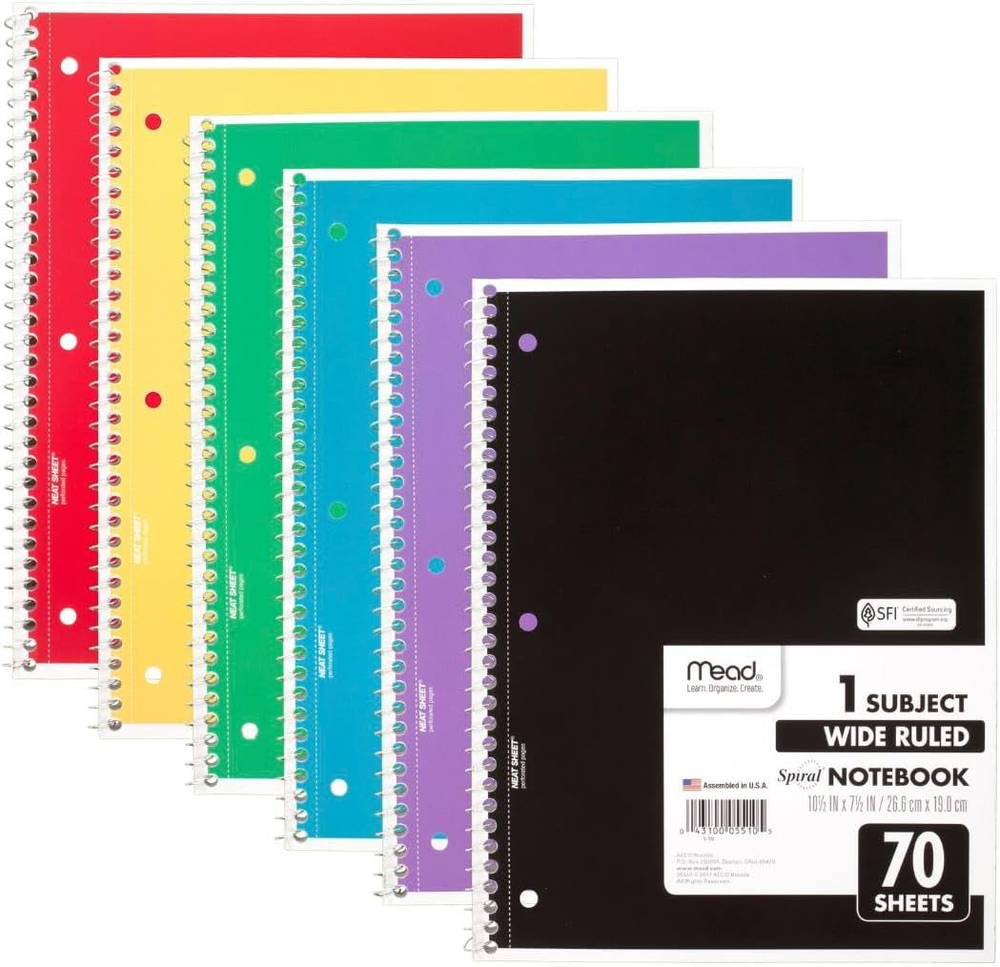 6-Pack Spiral Notebook 1-Subject Wide Ruled 70 Sheets 7.5x10.5 Inches