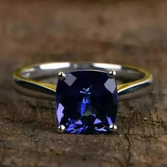 14K White Gold Plated 2Ct Cushion Cut Lab Blue Sapphire Engagement Ring