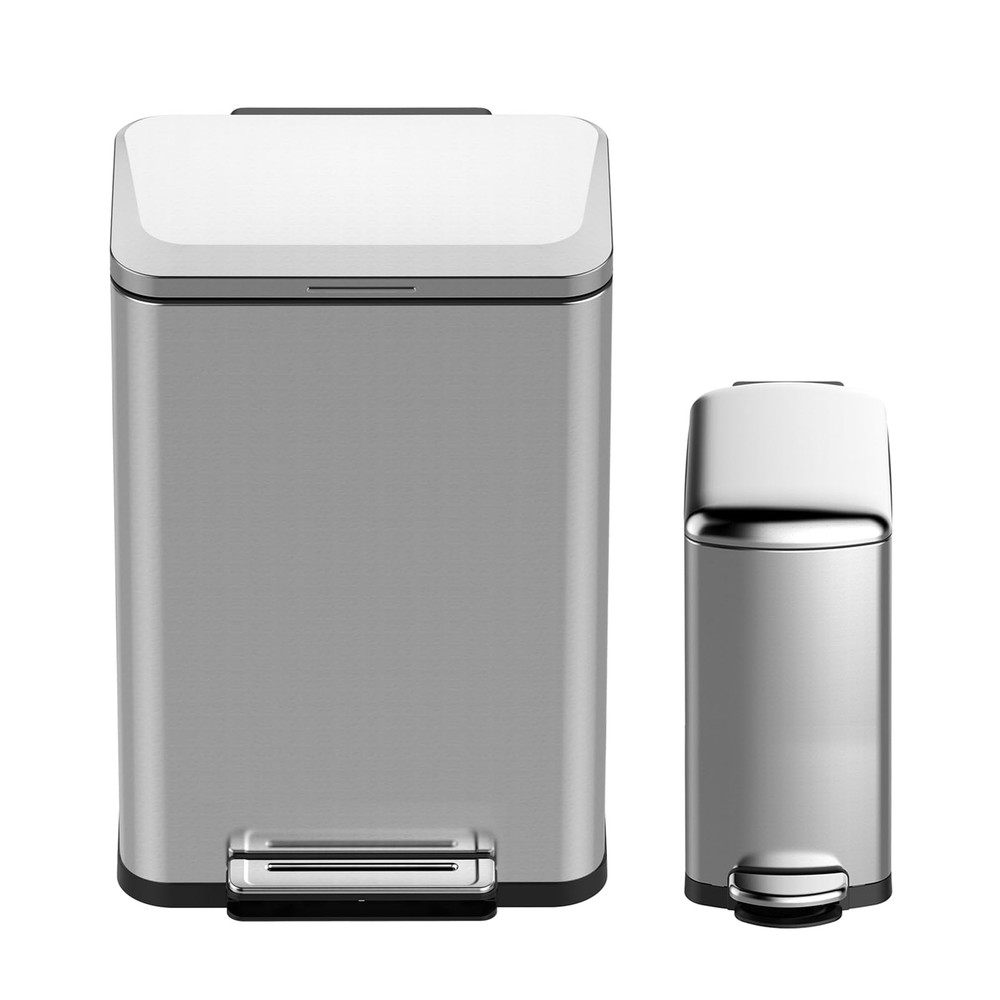 Trash Can Set 2 Pack, 13 Gal Stainless Steel Trash Can with Lid, Step On Wast...