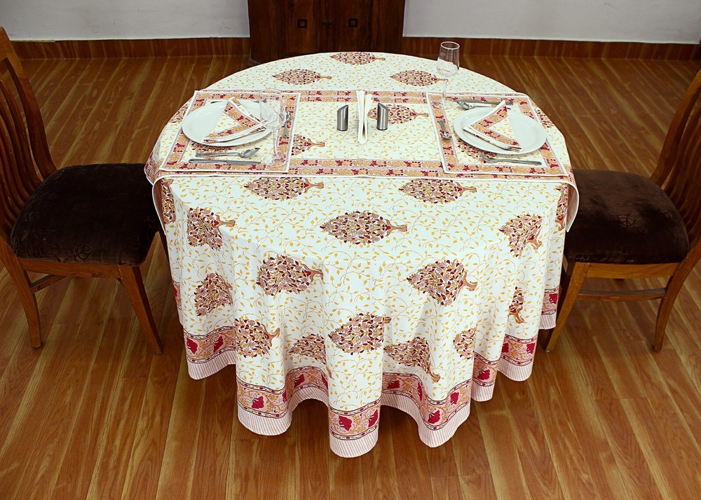 Handblock Printed Round Cotton Tablecloth for Dining and Home Decor