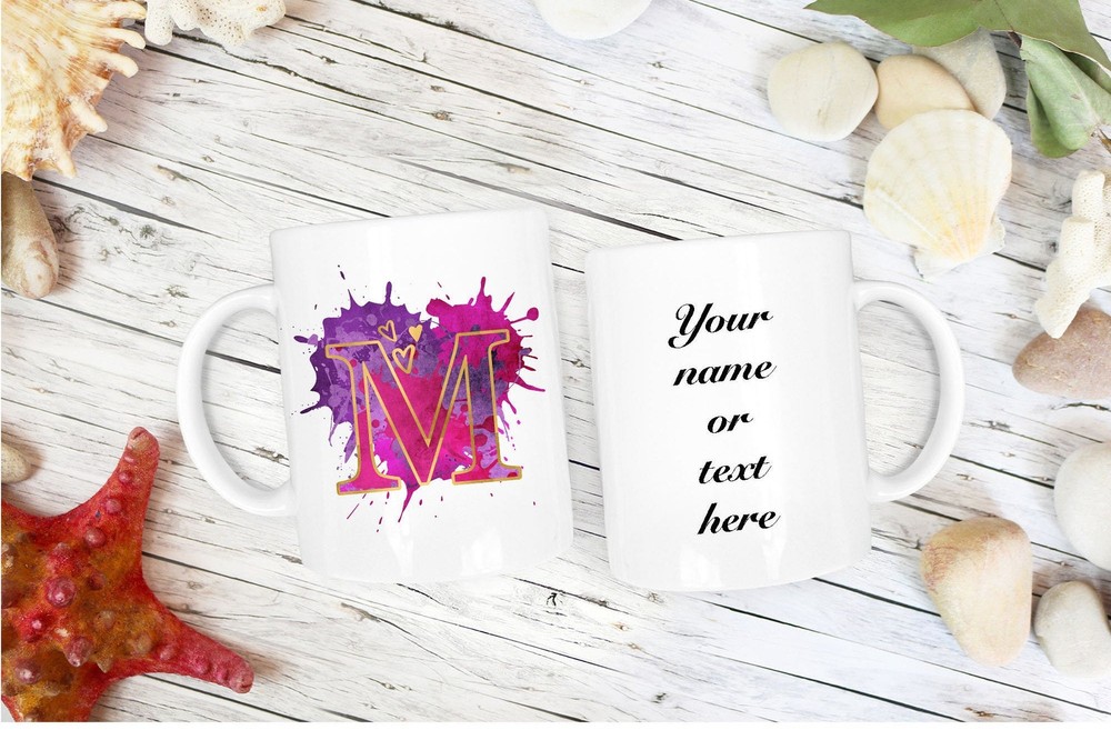 Personalised Initial Name Mug Purple Paint Splash With Any Letter A Z With Name