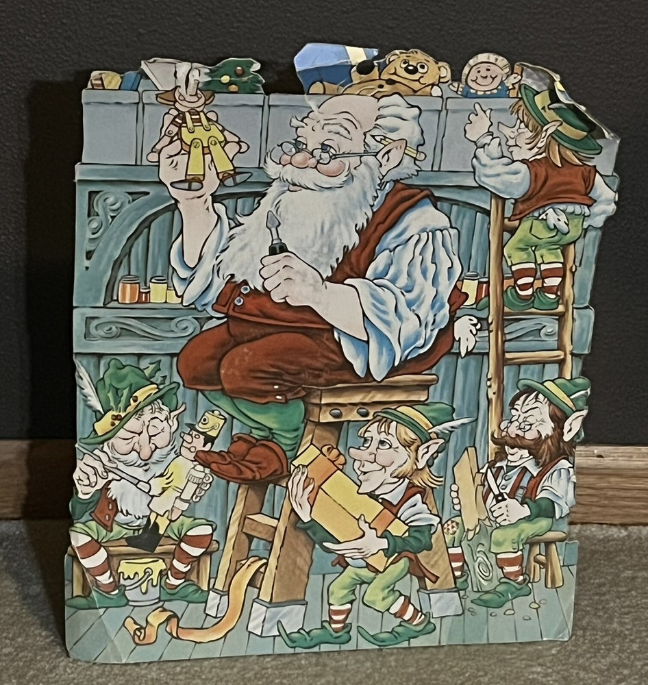 Vintage 1980s Santa Claus Workshop Elves Paper Wall Hanging Christmas Decor