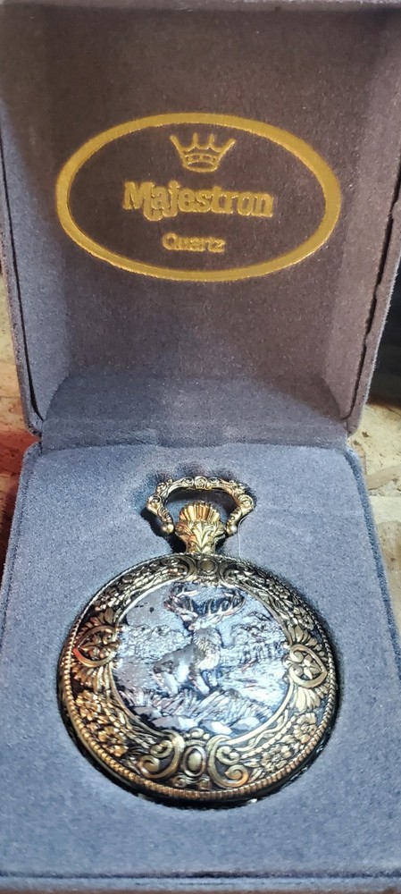 Vintage Majestron Buck Deer Pocket Watch Silver & Gold In Case or Box