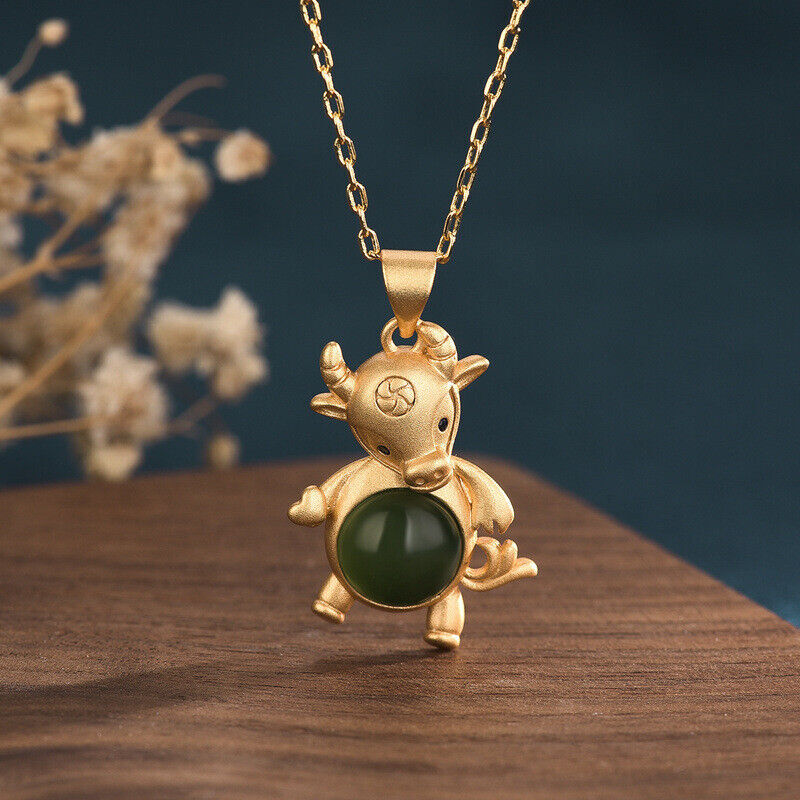 Natural Jade Cattle Pendant Necklace Real Jewelry Amulet 18K Gold Plated