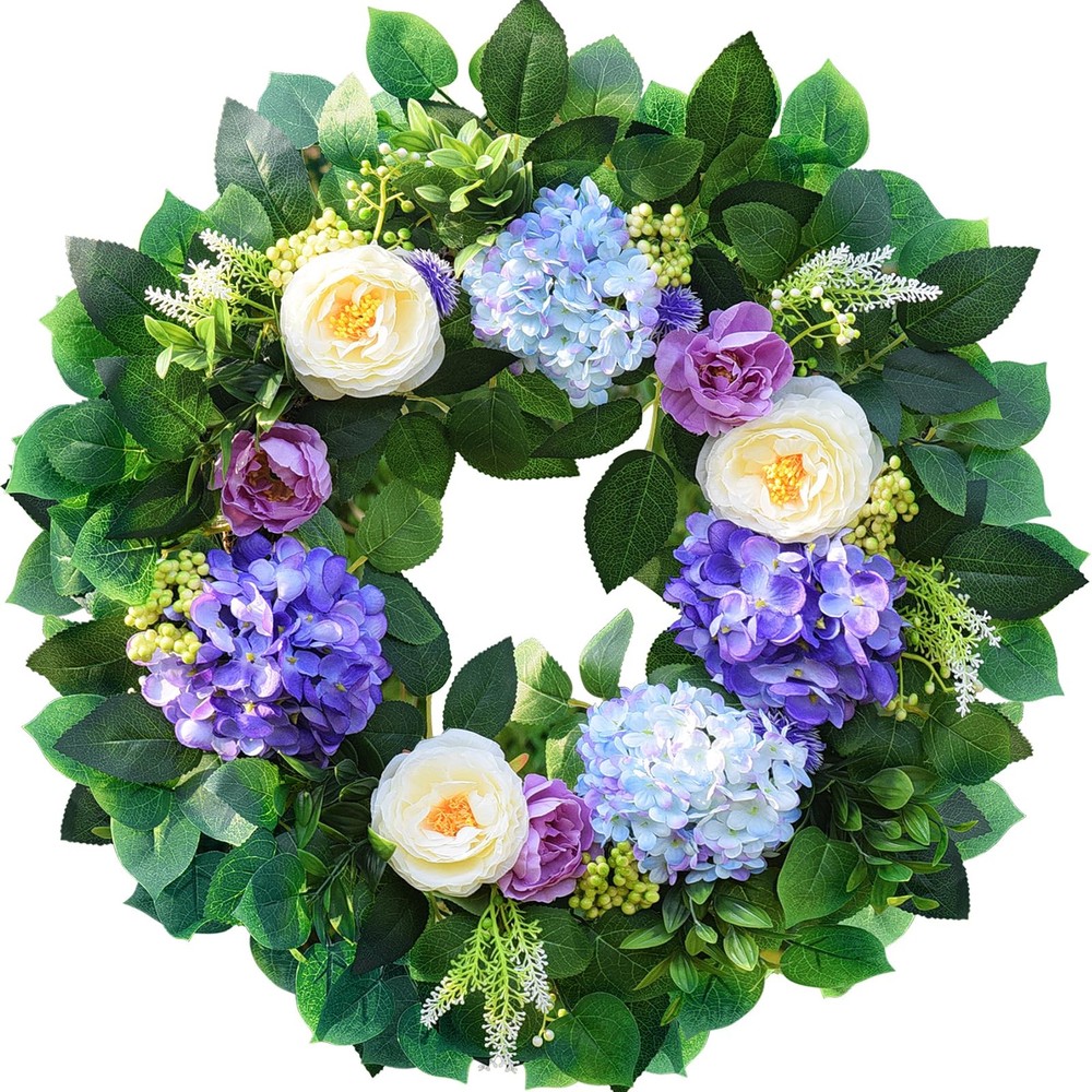 2025 24-Inch Blue Hydrangea Summer Wreath for Front Door