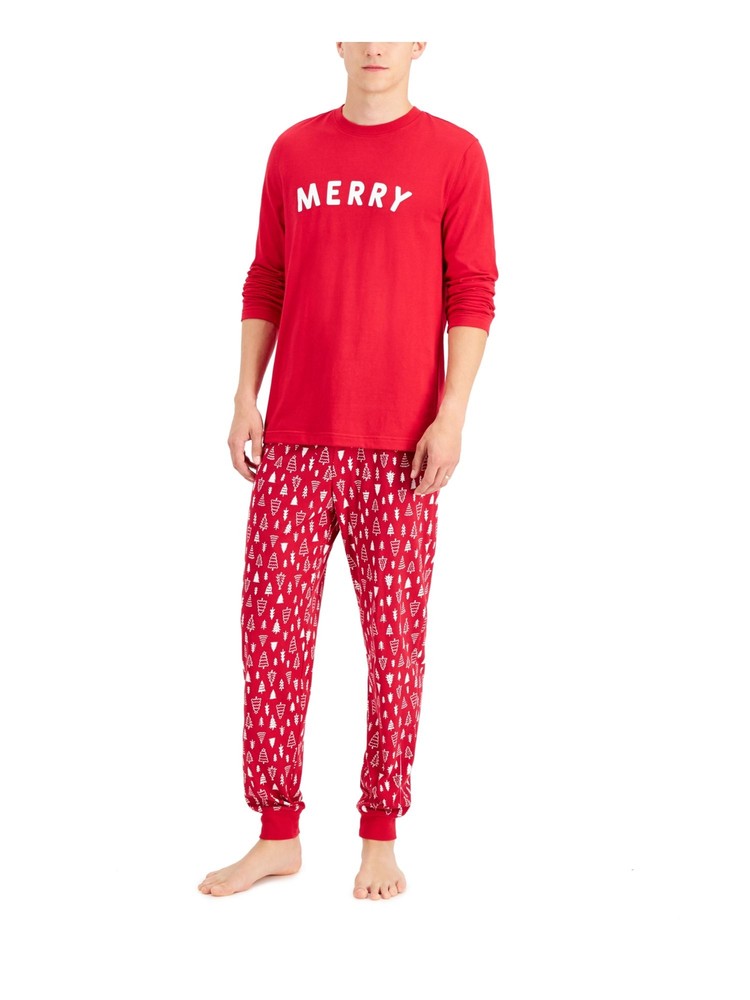 FAMILY PJs Mens Red Long Sleeve T-Shirt Top Cuffed Pants Pajamas M
