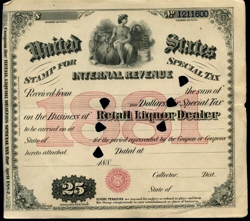 US INTERNAL REVENUE BUSINESS RETAIL LIQUOR 1881 SPECIAL TAX COUPON $25 STAMP BEP-image