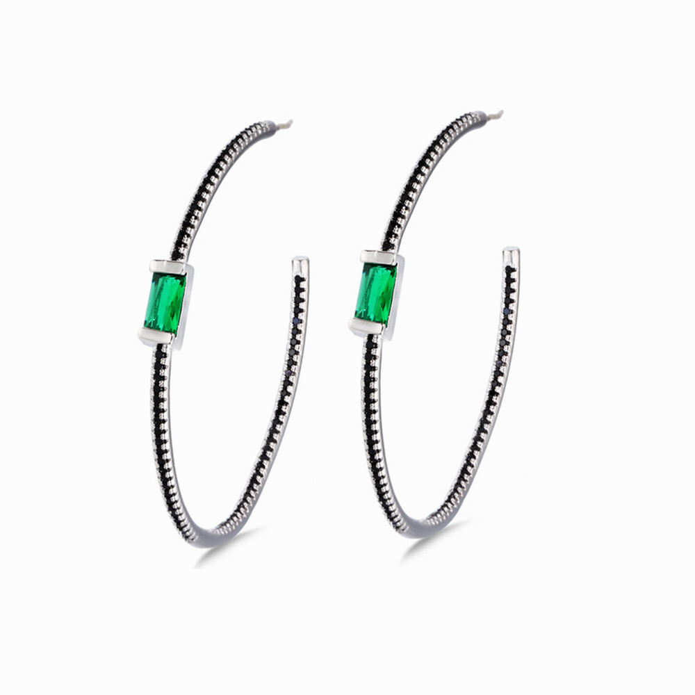Women Chic Silver Plated Green Cubic Zirconia Circle Hoop Earrings Party Jewelry