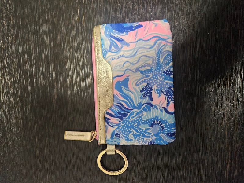 Lilly Pulitzer Pink Blue Zip ID Case with Gold Keychain Card Holder