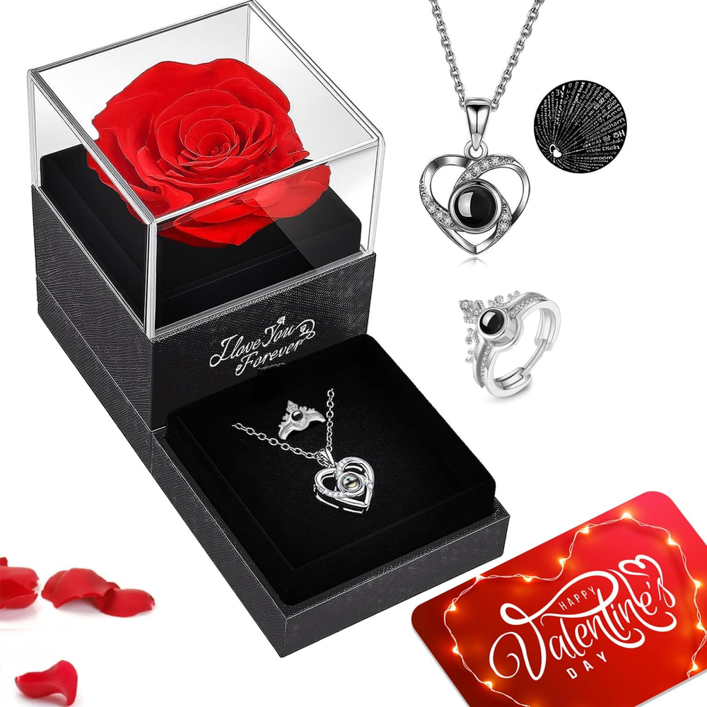 Valentines Day Gifts for Her - Preserved Real Rose with Necklace & Ring - Val...