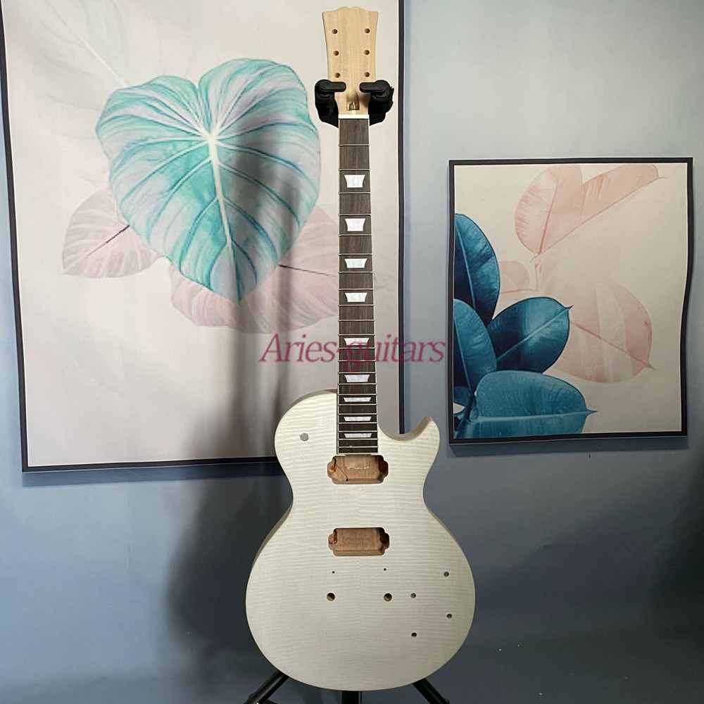 Custom DIY Unfinished LP Electric Guitar Kit Solid Body Flame Maple Top No Parts