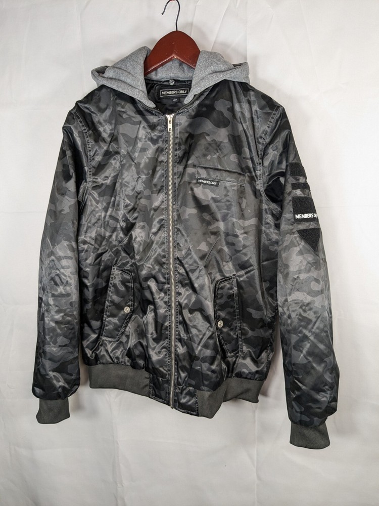 Members Only Jacket Mens Med Camo Zip Bomber Flight Military Satin Hooded A005-image