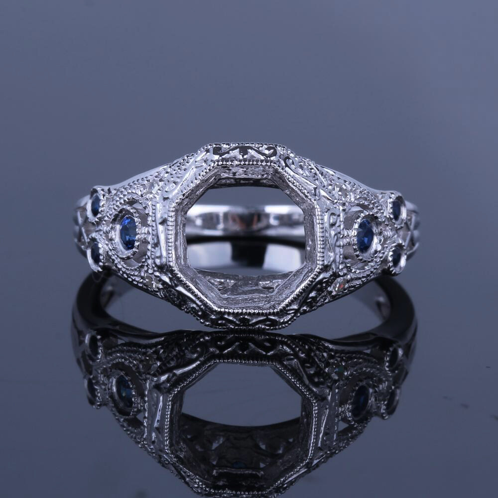 925 Sterling Silver 8mm Round Pave Sapphire Bridal Semi Mount Ring On Sale