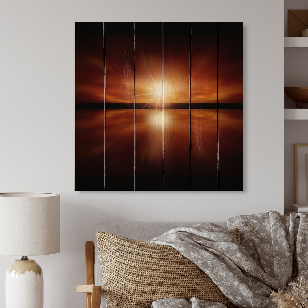 Designart 'Mystic Red And Black Costal Sunrise' Nautical & Coastal Wood Wall