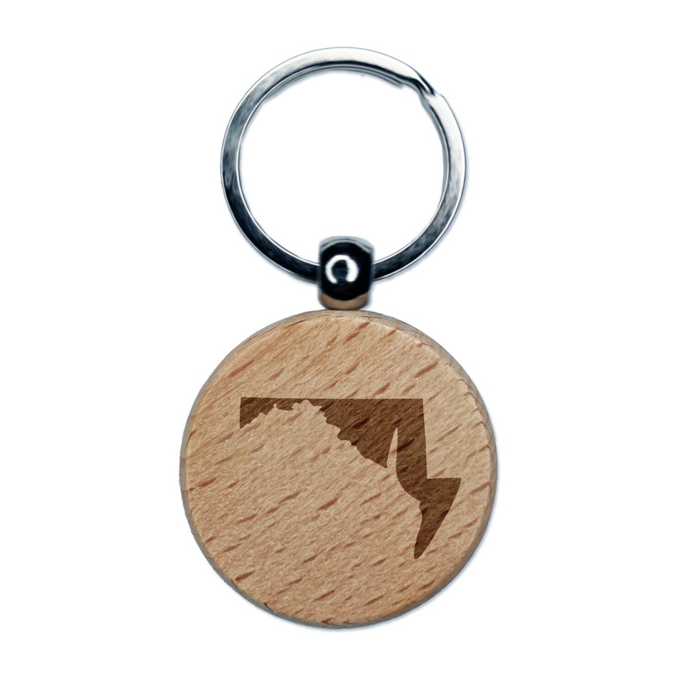 Maryland State Silhouette Engraved Wood Round Keychain Tag Charm
