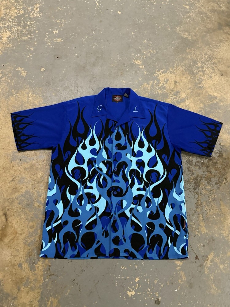 Vintage Blue Flame Y2K Grunge Goth Button Up Collared Shirt-Size XL