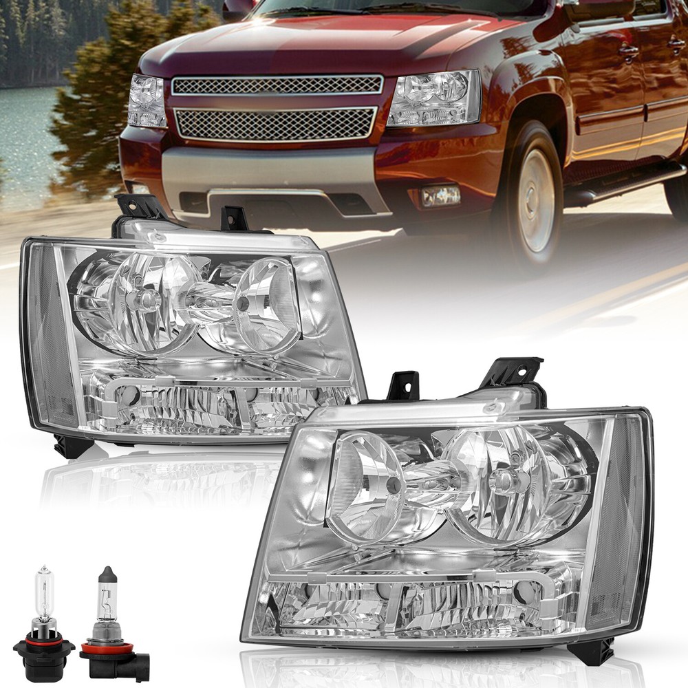 Pair For 2007-2014 Chevy Avalanche Suburban Tahoe Chrome Halogen Headlights Sets