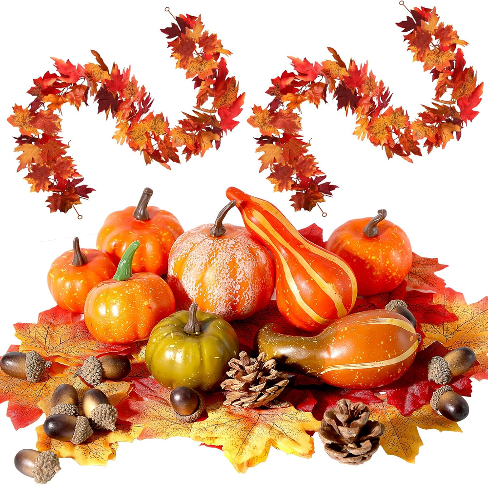 50PCS Fall Decor Set - 8 Artificial Pumpkins, 12 Pinecones & Acorns for Autumn Table Centerpiece