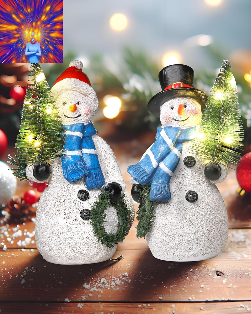 Duo 5'' Resin Snowman Figurines with Lighted Christmas Tree Wreath - Christmas D