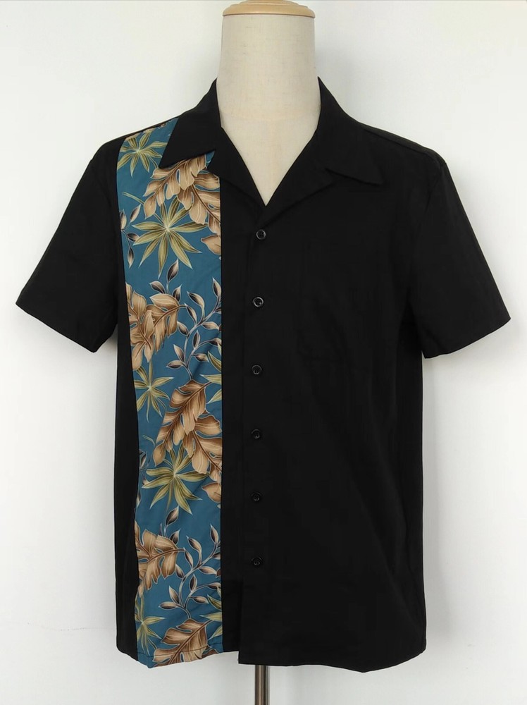 Retro Rockabilly Leaves Pattern Men Bowling Shirts Blue (ST110leavesB, L)