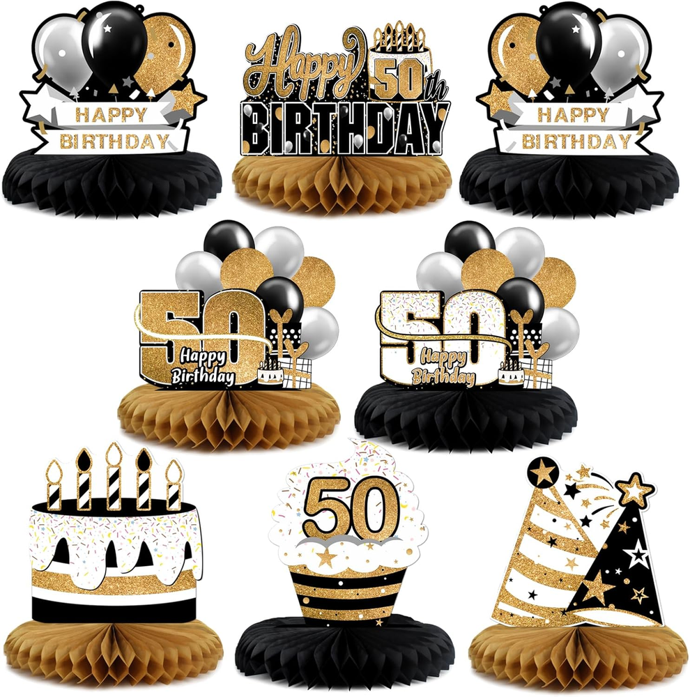 Happy 50Th Birthday Black & Gold Paper Table Topper Centerpieces Set - 8 Pcs Cak