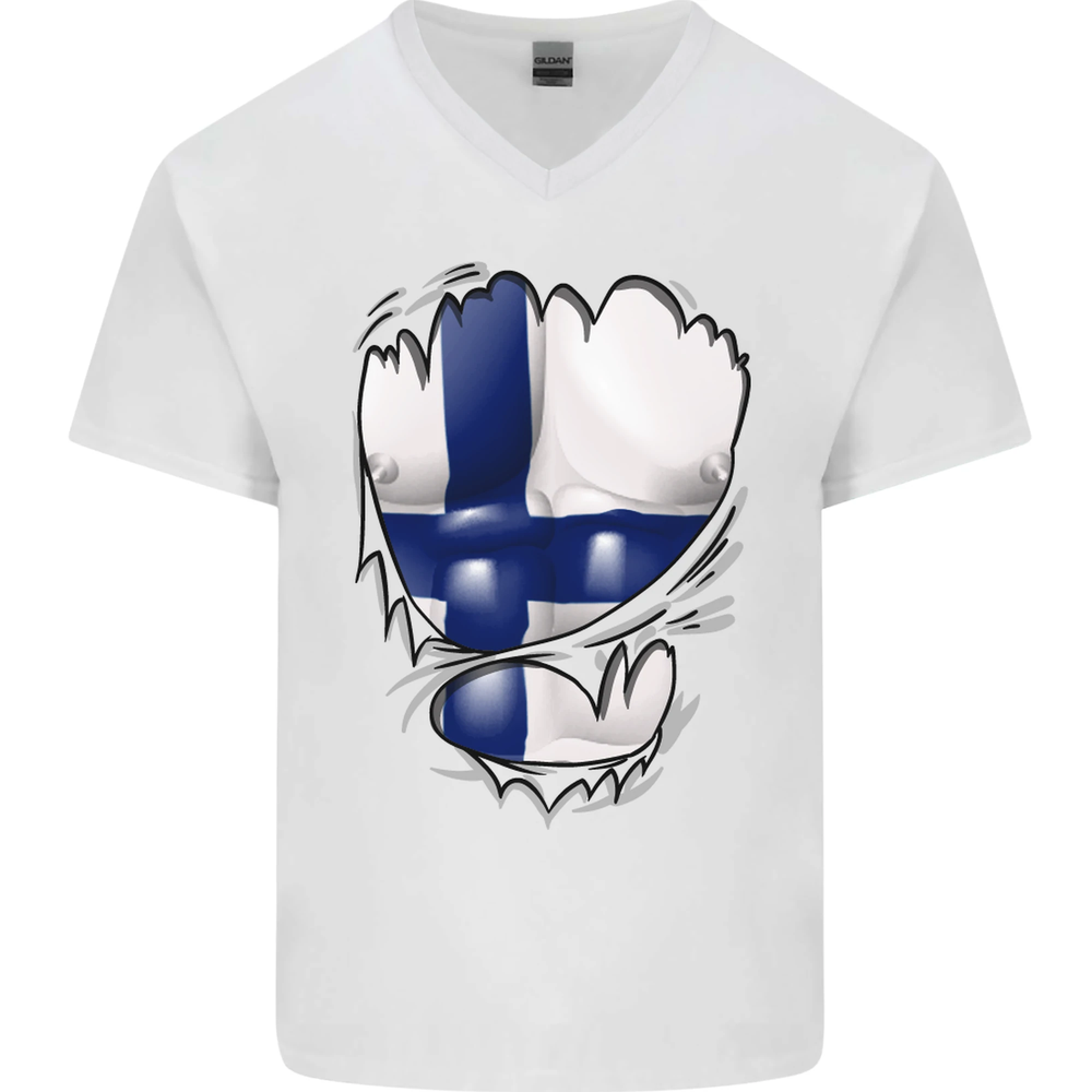 Gym Finnish Flag Ripped Muscles Finland Mens V-Neck Cotton T-Shirt