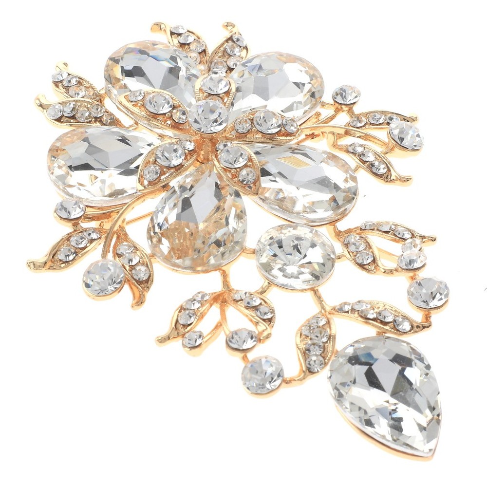 Gold Tone Alloy Metal Extra Large Crystal Flower Brooch P1577-GCL