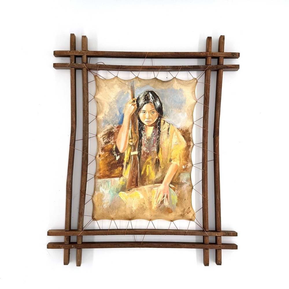 Vintage Native American Portrait Framed Leather Textured Oil Painting Wall Art  