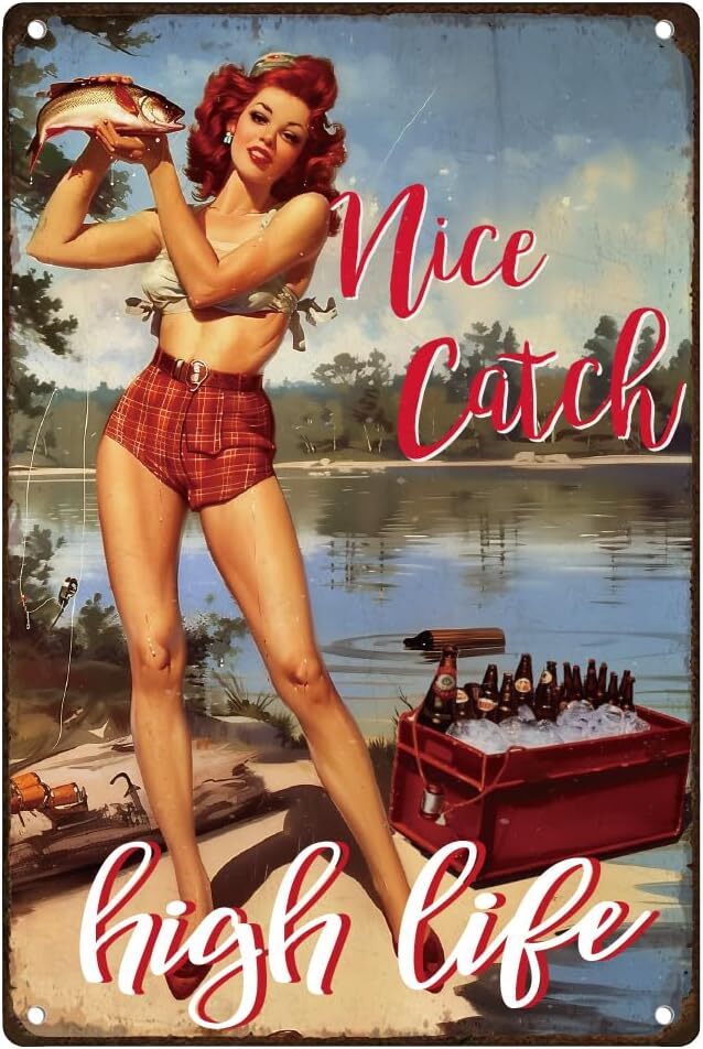 Vintage Nice Catch Fishing Lady Beer Metal Tin Sign Retro Tin Poster for Dad Gif