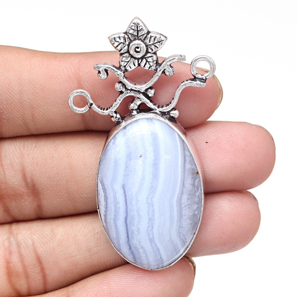 Blue Silver Lace Agate Pendant 2.75 Inch Gemstone Quartz Tanzanite Jewelry