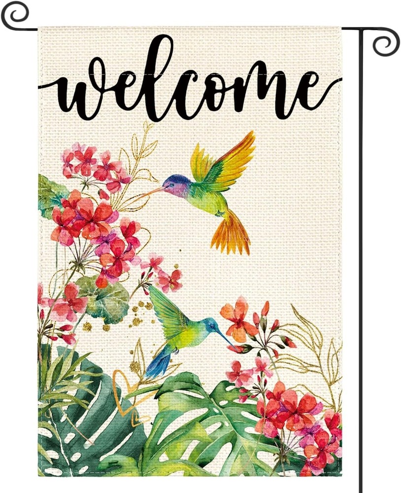 Hummingbird Floral Welcome Garden Flag 12x18 Inch Double Sided Outside, Spring